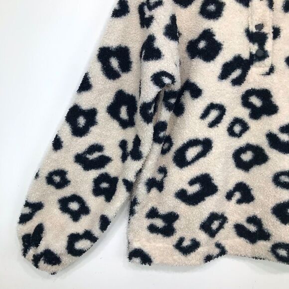 LOFT Cream Black Cheetah Print Quarter Snap Cozy Fleece Pullover - Picture 6 of 13
